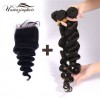 Indian virgin hair 3 bundles Loose Wave with 3.5"*4" Free part lace top closure